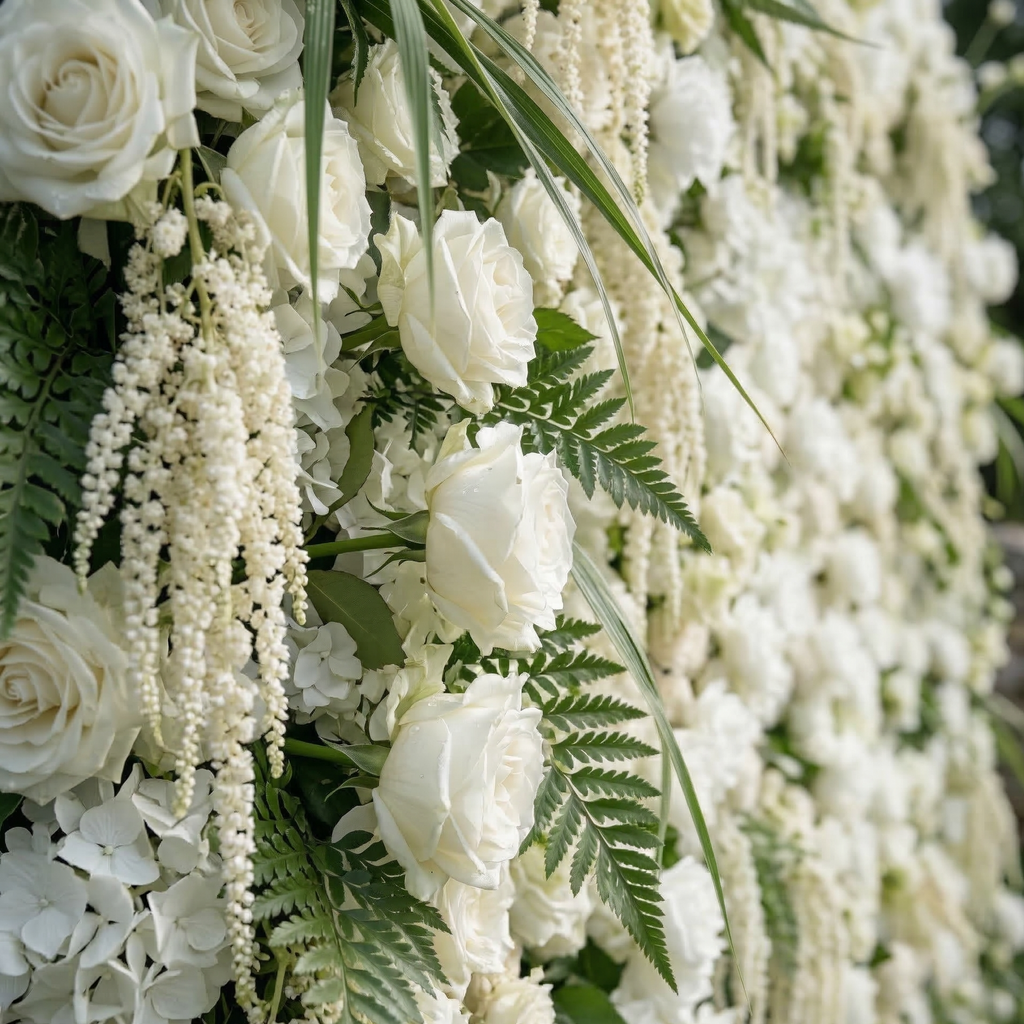 Elunara: 5D White Rose Flower Wall with Drooping Foliage Roll-Up Fabric Backdrop for Luxury Events Decor Free Shipping