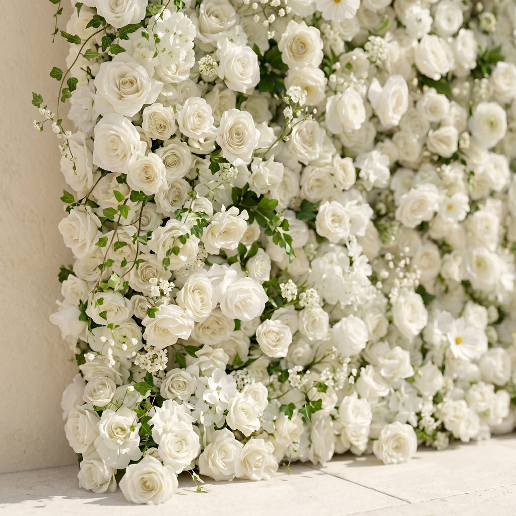 Rosiva:Luxury 5D All-White Floral Wall with Greenery Roll-Up Backdrop for Rustic Garden Weddings Free Shipping