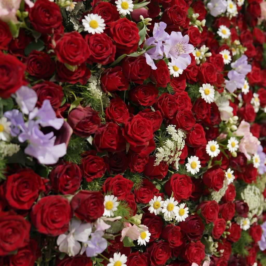 Sabbelle: Luxury 4D Ruby Red Rose Silk Floral Wall Backdrop with White Daisy & Lavender Accents for Romantic Weddings Free Shipping