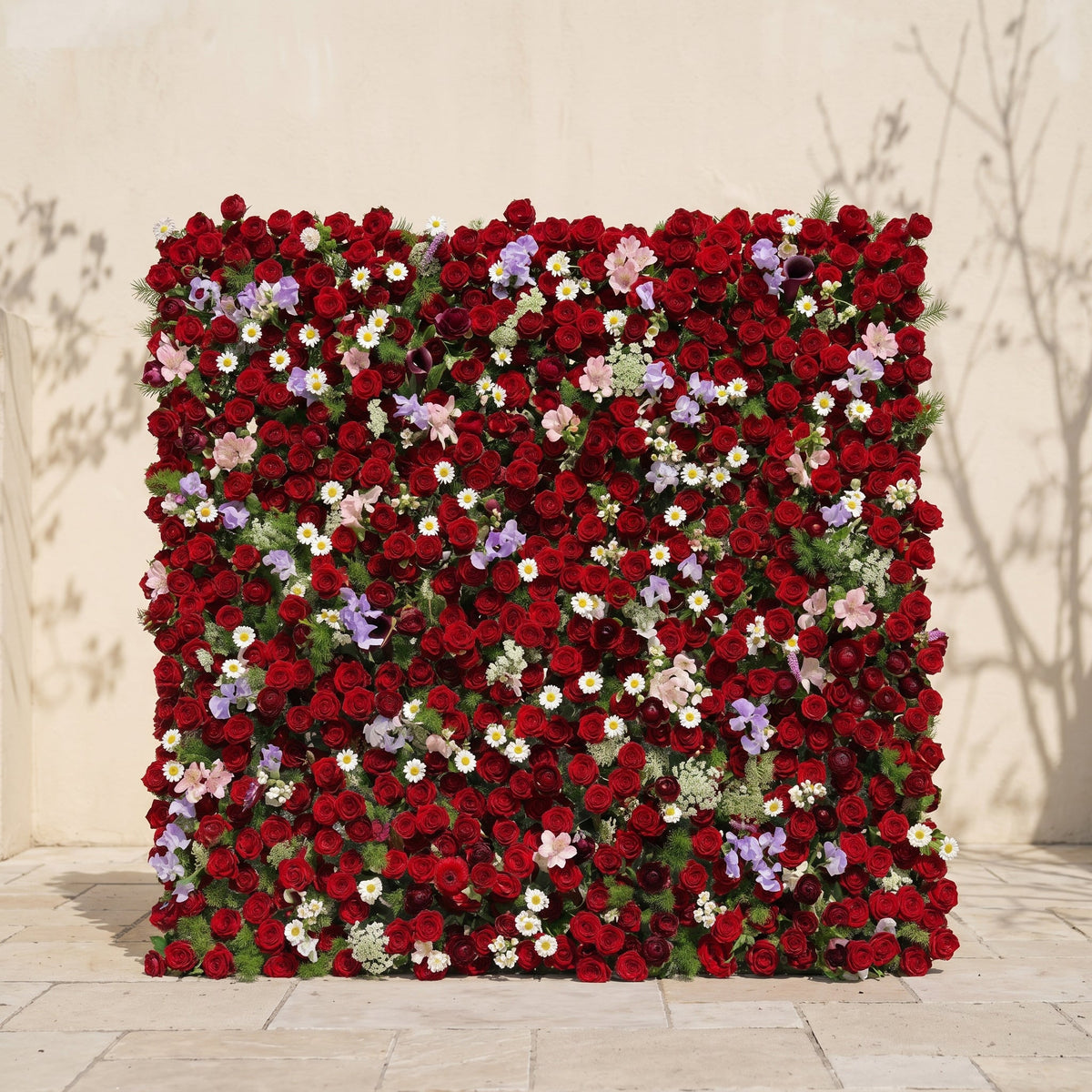 Sabbelle: Luxury 4D Ruby Red Rose Silk Floral Wall Backdrop with White Daisy & Lavender Accents for Romantic Weddings Free Shipping