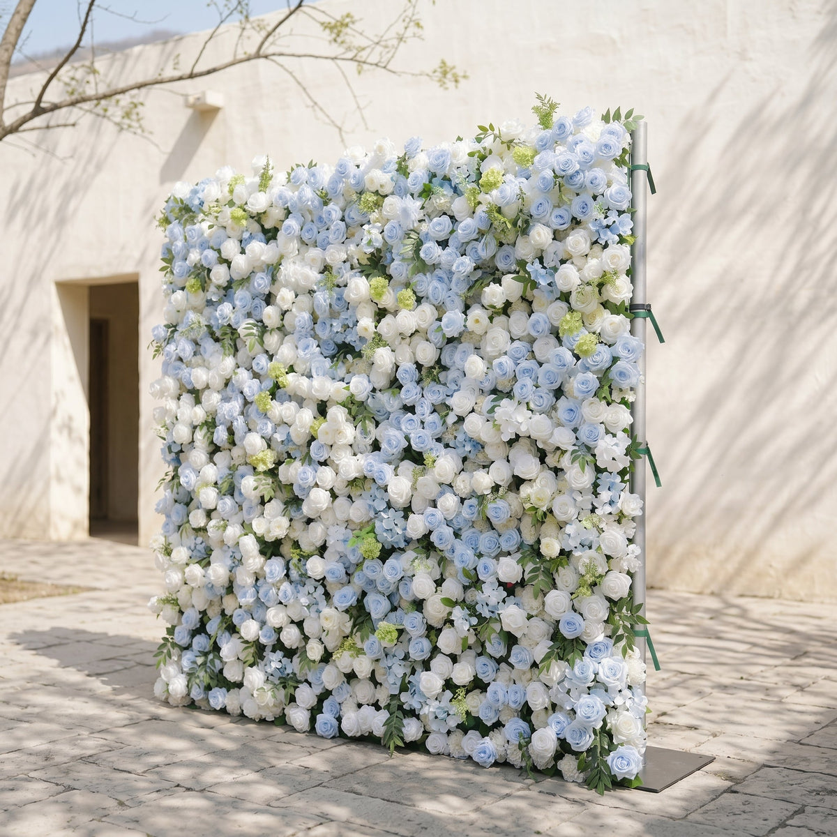 Zarenette:5D Dusty Baby Blue & Ivory White Silk Rose Flower Wall Roll-Up Fabric Backdrop for Romantic Weddings & Proposals Free Shipping